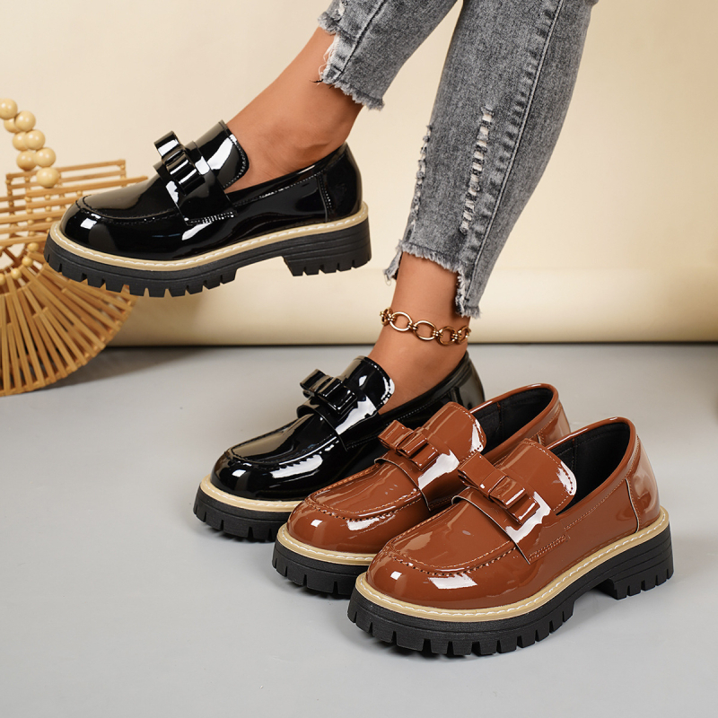 Damske loaferice s mašnicom, platforma, britanski stil, PU koža