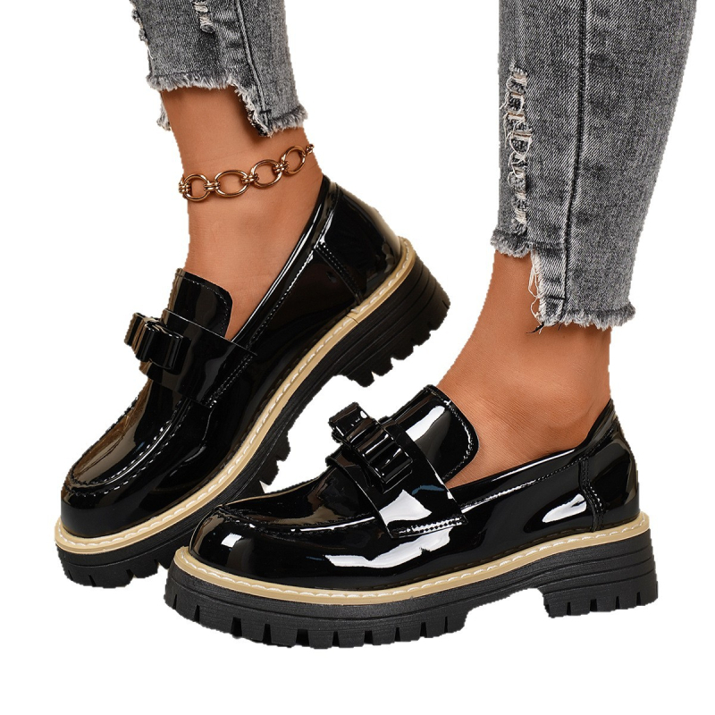 Damske loaferice s mašnicom, platforma, britanski stil, PU koža