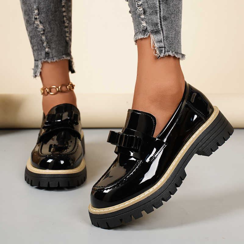 Damske loaferice s mašnicom, platforma, britanski stil, PU koža