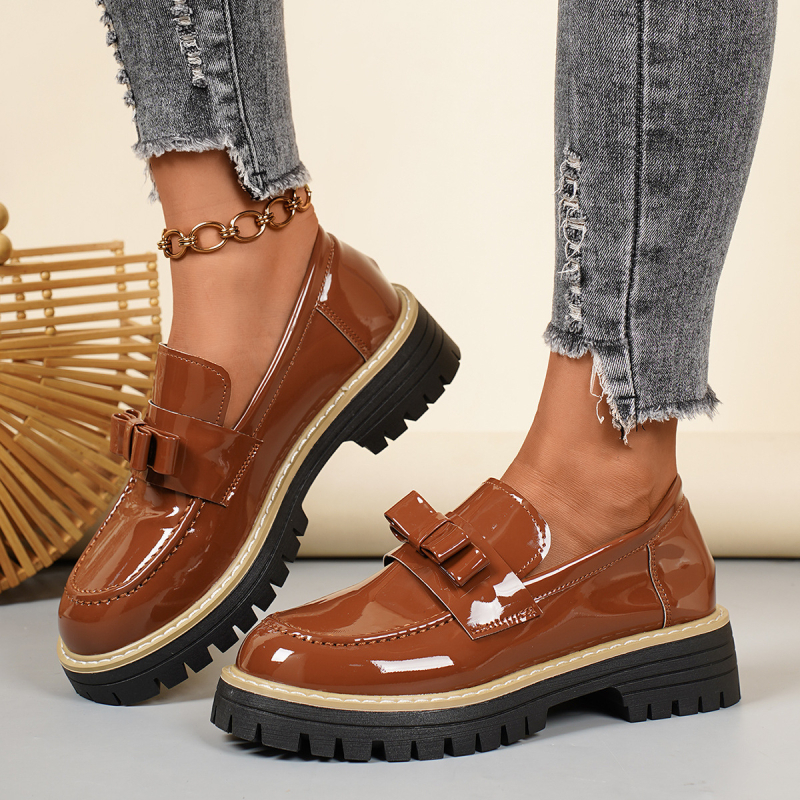 Damske loaferice s mašnicom, platforma, britanski stil, PU koža