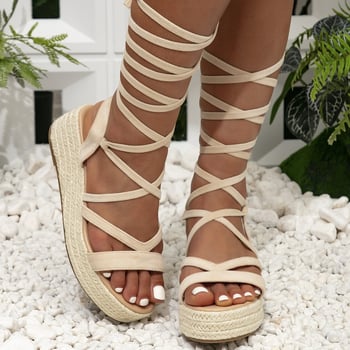 Дамски сандали с открит пръст и презрамка, едноцветни, висок ток с конопено въже, ежедневни и удобни