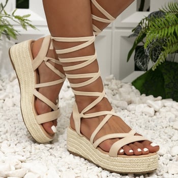 Дамски сандали с открит пръст и презрамка, едноцветни, висок ток с конопено въже, ежедневни и удобни