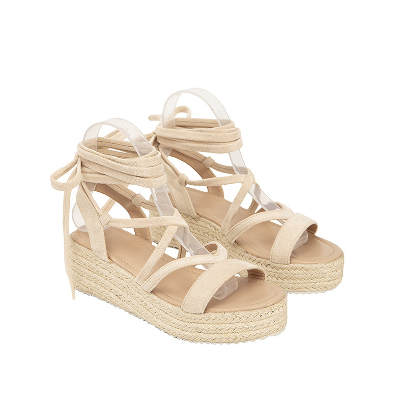 Дамски сандали с открит пръст и презрамка, едноцветни, висок ток с конопено въже, ежедневни и удобни