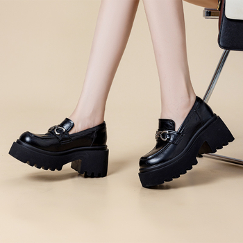 Ženski loafers s debelim potplatom za povećanje visine, platforma, 2025 novi model, britanski stil, crne kožne slip-on cipele