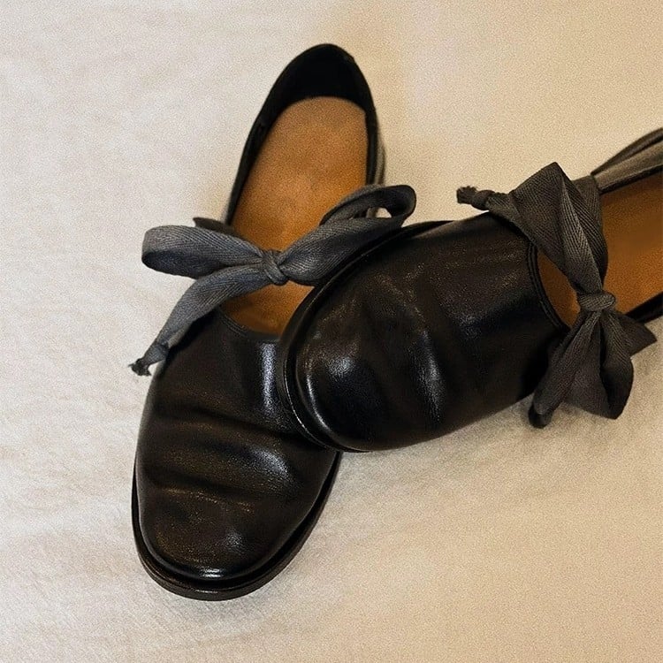 Γυναικείοι δερμάτινοι loafers από δέρμα αγελάδας με φιόγκο, ρετρό βρετανικό στυλ, χαμηλό τακούνι, βαθύ ντεκολτέ, δερμάτινα παπούτσια για την άνοιξη