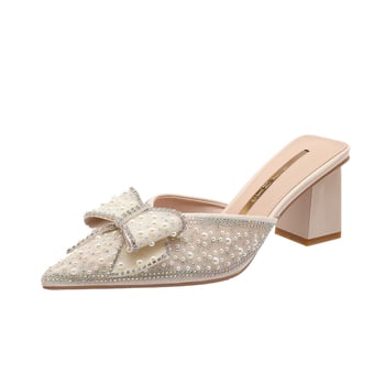 Дамски сандали с кристали, дебел ток, остър нос и панделка, закрит нос, летен стил