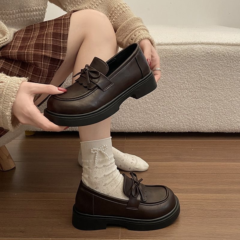Ženske mokasinice s mašnicom, debela potplata, casual retro stil, niski otvor, povećanje visine
