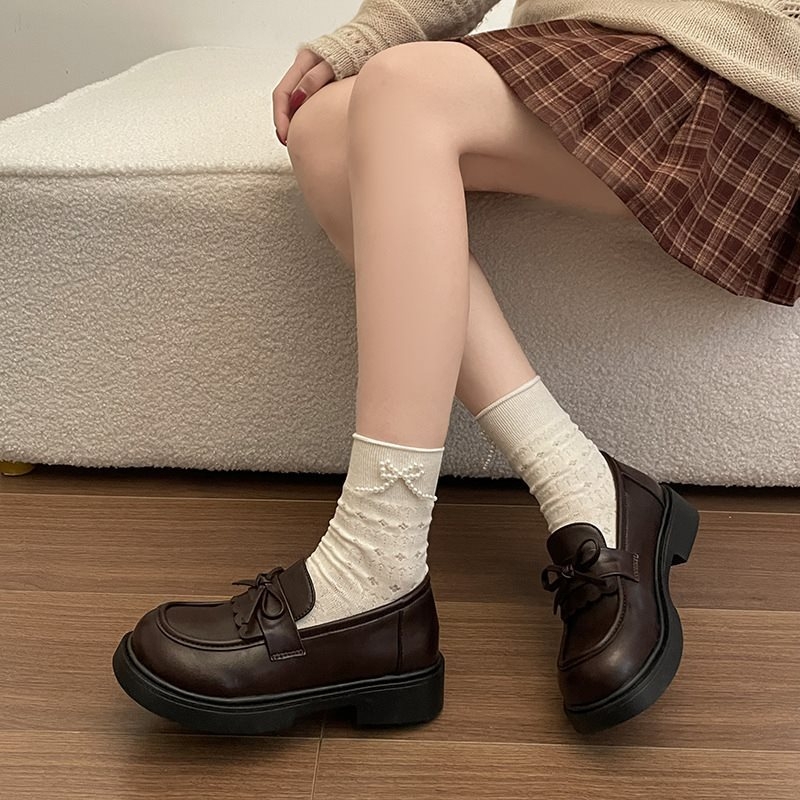 Ženske mokasinice s mašnicom, debela potplata, casual retro stil, niski otvor, povećanje visine