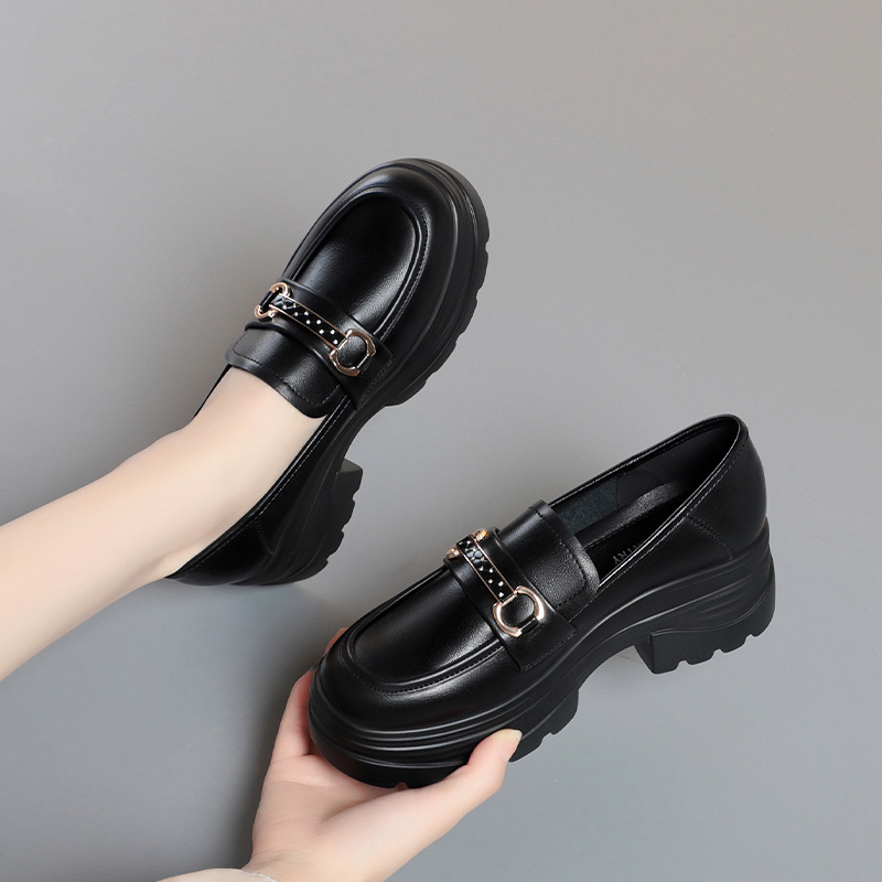 Ženske slip-on loaferice s debelom platformom i debelim petom, okrugli vrh prsta, britanski stil, jednobojne
