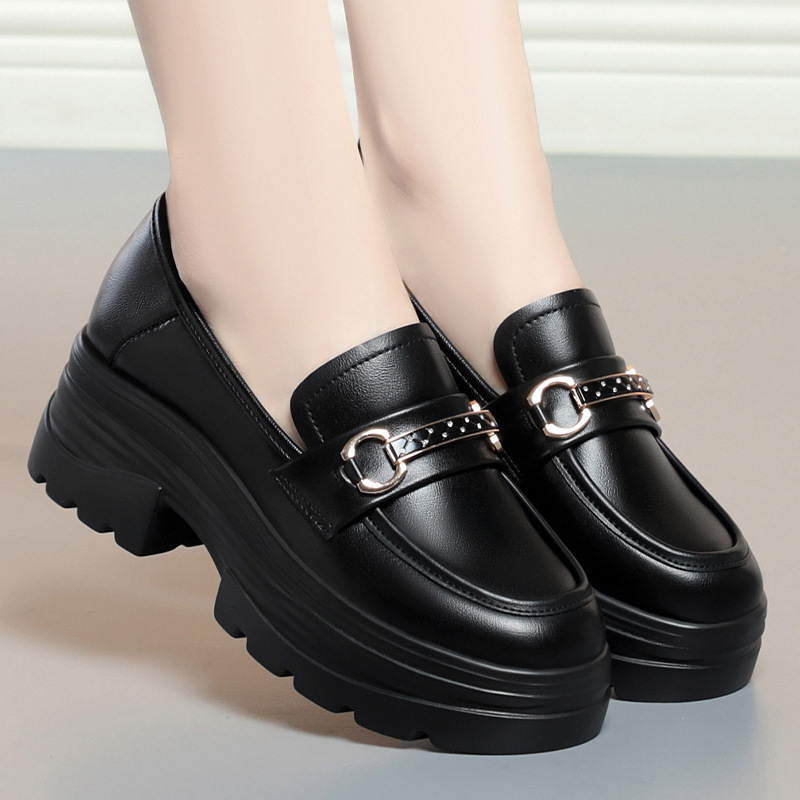 Ženske slip-on loaferice s debelom platformom i debelim petom, okrugli vrh prsta, britanski stil, jednobojne