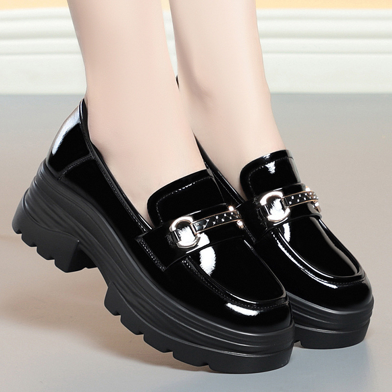 Ženske slip-on loaferice s debelom platformom i debelim petom, okrugli vrh prsta, britanski stil, jednobojne