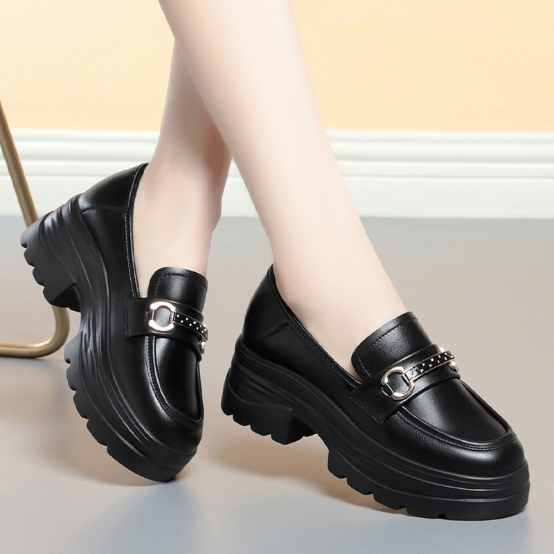 Ženske slip-on loaferice s debelom platformom i debelim petom, okrugli vrh prsta, britanski stil, jednobojne