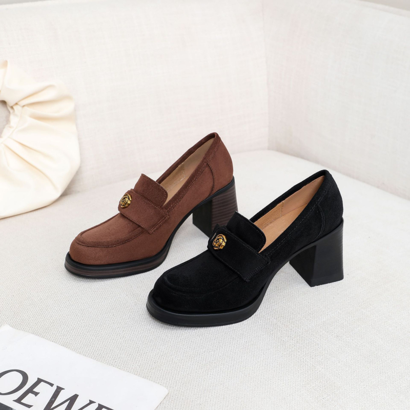 Ženske loaferice od izmućene kože, britanski retro stil, debeli potpet 6–8 cm, slip-on