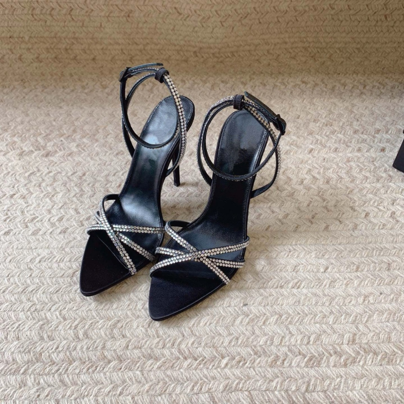 Дамски сатенени сандали с открит пръст, тънък стилет ток, rhinestone камъни, кръстосани презрамки и катарама