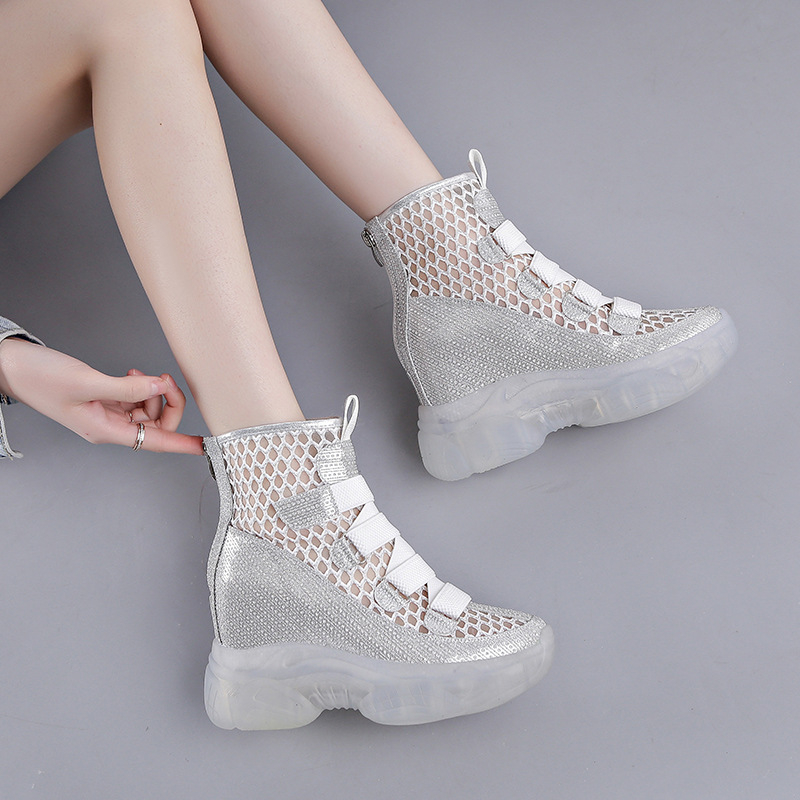 Ghete scurte pentru femei, talpă groasă, upper din plasă respirantă, creștere înălțime, stil primăvară-vară-toamnă 2026