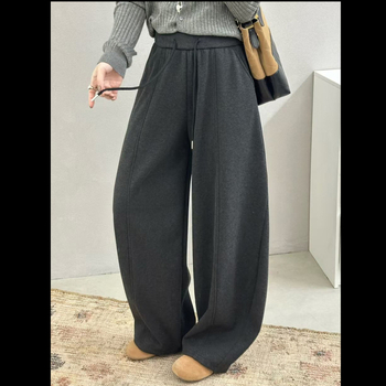 Ženske hlače s visokim strukom i vezanjem, fleece podstava, debele i široke, casual stil, zima 2025, korejsko-japanski ležerni stil
