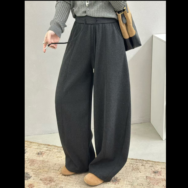 Ženske hlače s visokim strukom i vezanjem, fleece podstava, debele i široke, casual stil, zima 2025, korejsko-japanski ležerni stil