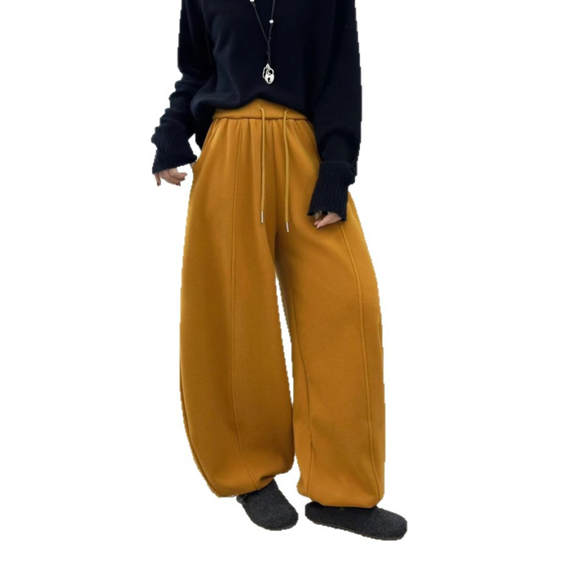 Ženske hlače s visokim strukom i vezanjem, fleece podstava, debele i široke, casual stil, zima 2025, korejsko-japanski ležerni stil