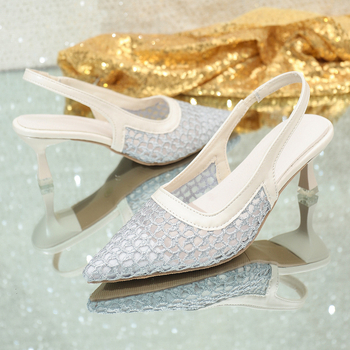 Дамски летни сандали с плетена ажурна горна част, затворен пръст и тънък ток, френски ретро стил, с открит гръб