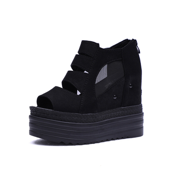 Сандали на клин с много висок ток и платформа, мрежеста горна част и форма на рибешка уста, дамски обувки с вътрешно повишаване на височината