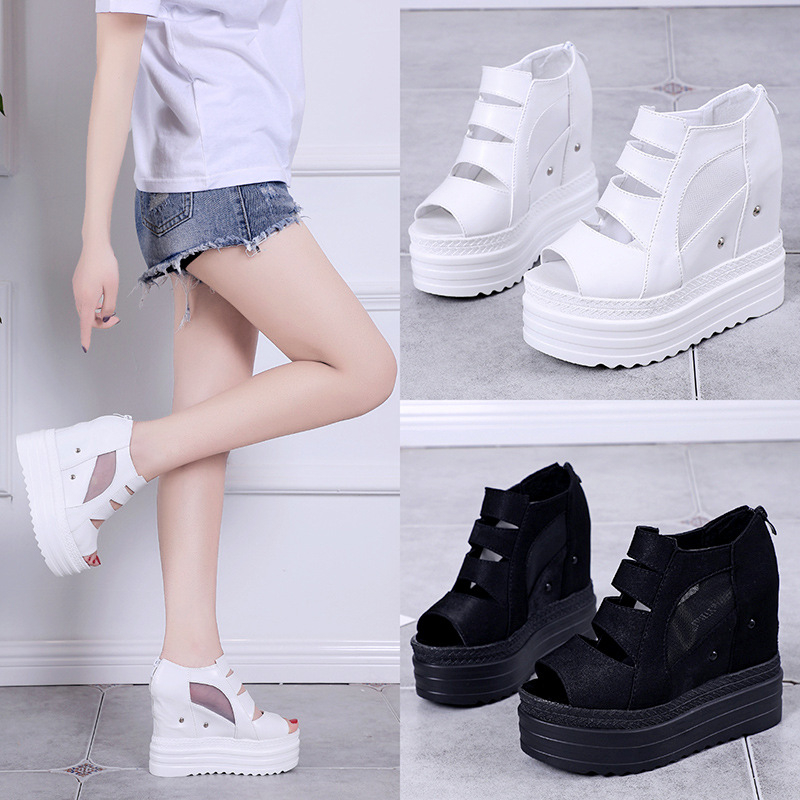 Сандали на клин с много висок ток и платформа, мрежеста горна част и форма на рибешка уста, дамски обувки с вътрешно повишаване на височината