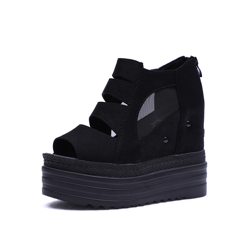 Сандали на клин с много висок ток и платформа, мрежеста горна част и форма на рибешка уста, дамски обувки с вътрешно повишаване на височината