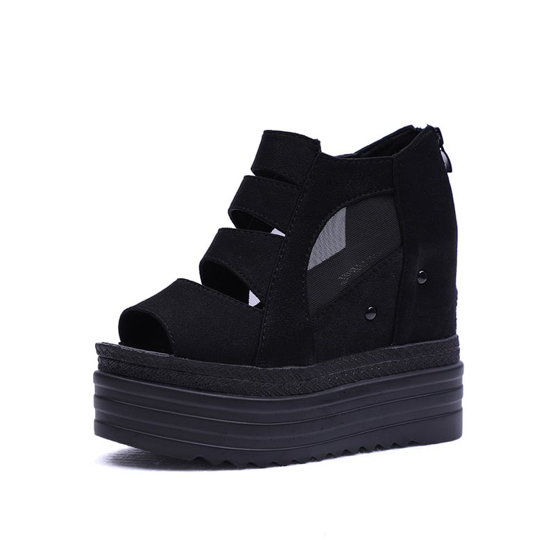 Сандали на клин с много висок ток и платформа, мрежеста горна част и форма на рибешка уста, дамски обувки с вътрешно повишаване на височината