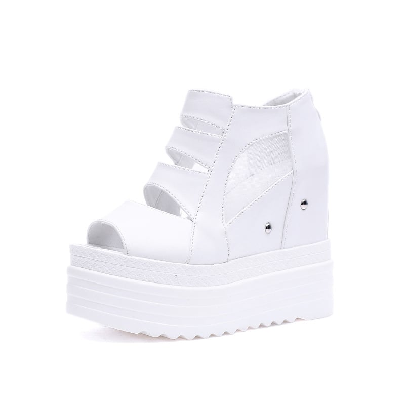 Сандали на клин с много висок ток и платформа, мрежеста горна част и форма на рибешка уста, дамски обувки с вътрешно повишаване на височината