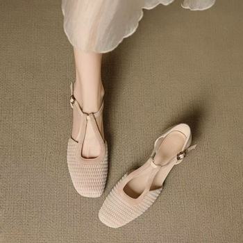 Ретро стил римски сандали за жени с изрязана Mary Jane форма, закрълен нос, нисък дебел ток, кадифена горна част