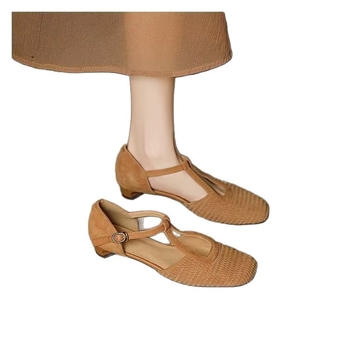 Ретро стил римски сандали за жени с изрязана Mary Jane форма, закрълен нос, нисък дебел ток, кадифена горна част