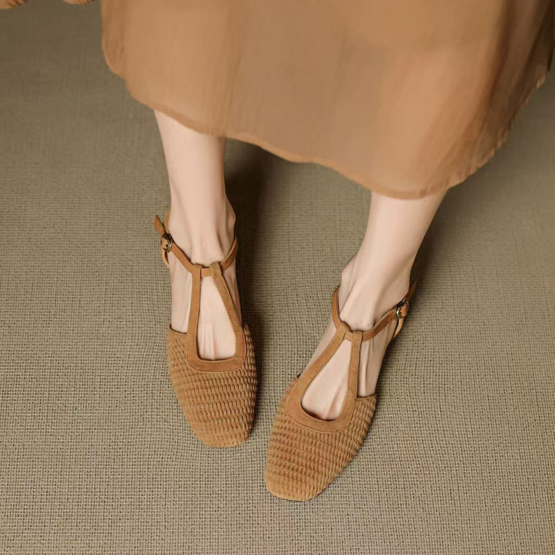 Ретро стил римски сандали за жени с изрязана Mary Jane форма, закрълен нос, нисък дебел ток, кадифена горна част