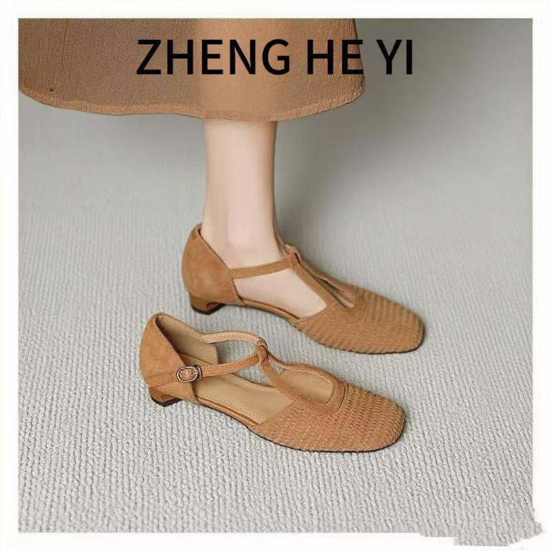 Ретро стил римски сандали за жени с изрязана Mary Jane форма, закрълен нос, нисък дебел ток, кадифена горна част