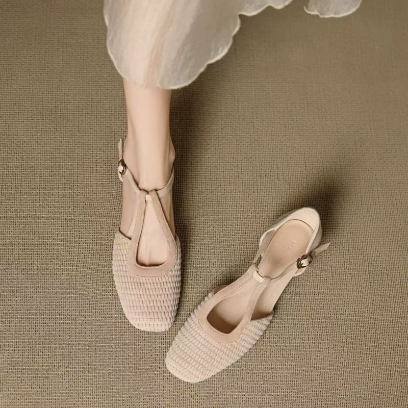 Ретро стил римски сандали за жени с изрязана Mary Jane форма, закрълен нос, нисък дебел ток, кадифена горна част
