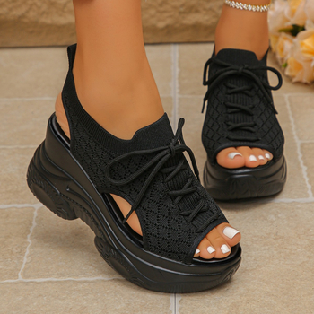Дамски спортни сандали с дебела подметка, мрежеста горна част, кръгъл нос, клиновидна подметка, 2026 лято