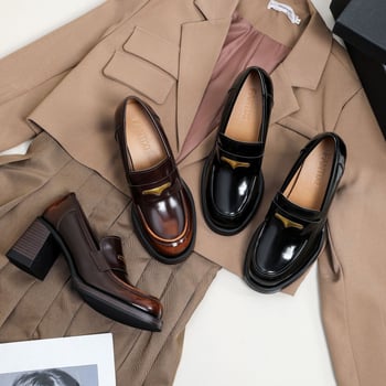 Verzija od prave kože, slip-on loaferice s okruglim vrhom i debelom petom, ženske loafers u britskom stilu
