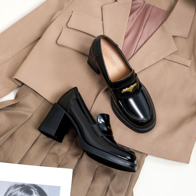 Verzija od prave kože, slip-on loaferice s okruglim vrhom i debelom petom, ženske loafers u britskom stilu