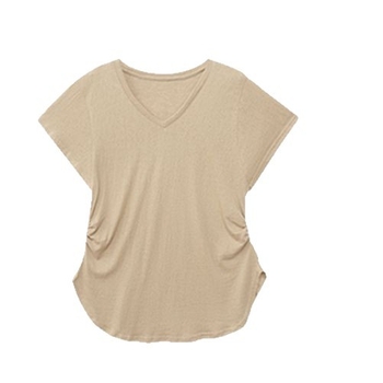 V-nyakú, aszimmetrikus drapált női felső, laza szabás, rövid ujjú, koreai stílusú nyári vékony top