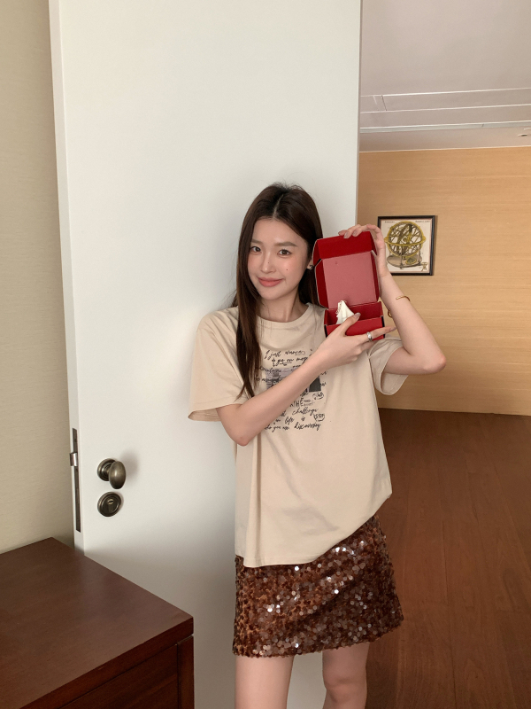 DT Etolie vintage betűnyomatú rövid ujjú felső nőknek, laza szabás, kerek nyakú, retro-casual stílus