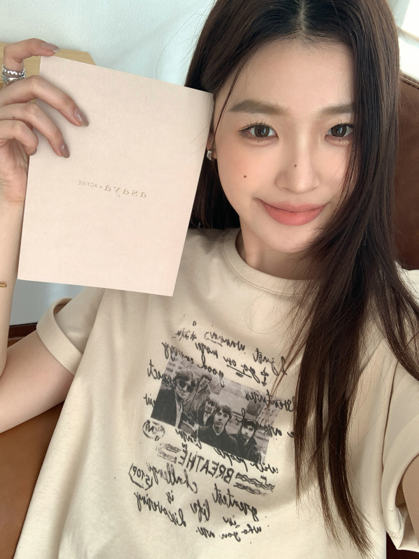 DT Etolie vintage betűnyomatú rövid ujjú felső nőknek, laza szabás, kerek nyakú, retro-casual stílus