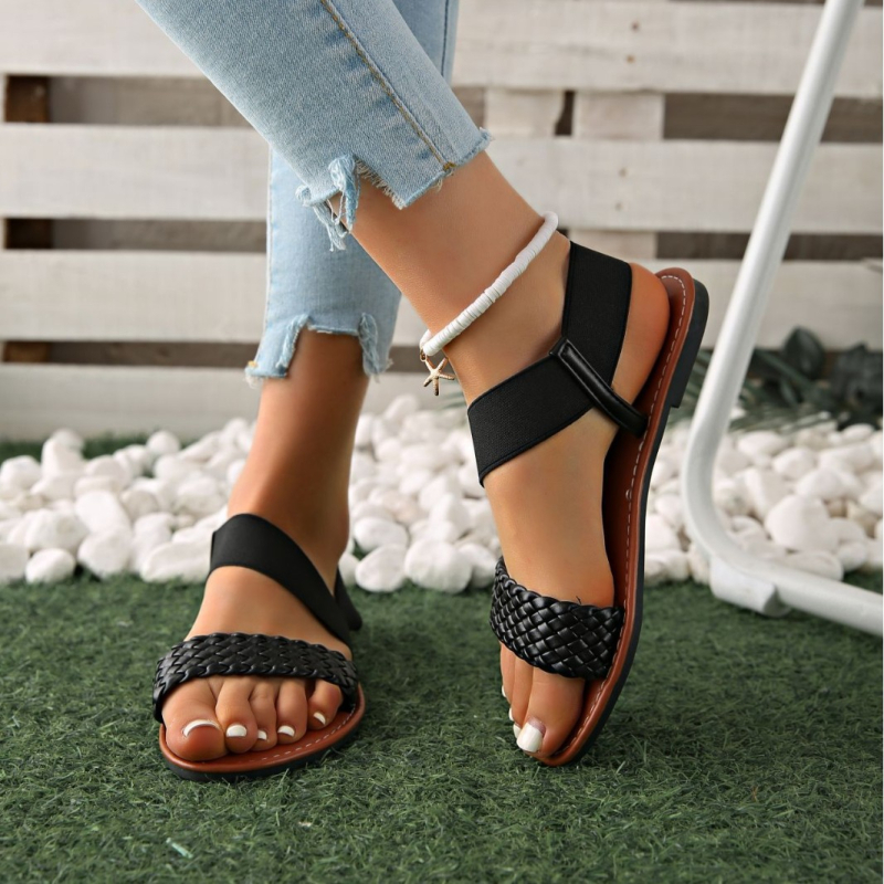 Sandale romane pentru femei, mărime mare, vară 2024, curele țesute, respirante, talpă din cauciuc, cu curea de gleznă elastică