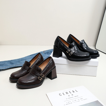 Ženske loaferice od prave kože, britanski stil, slip-on, retro, s 7 cm debelim potpeticama