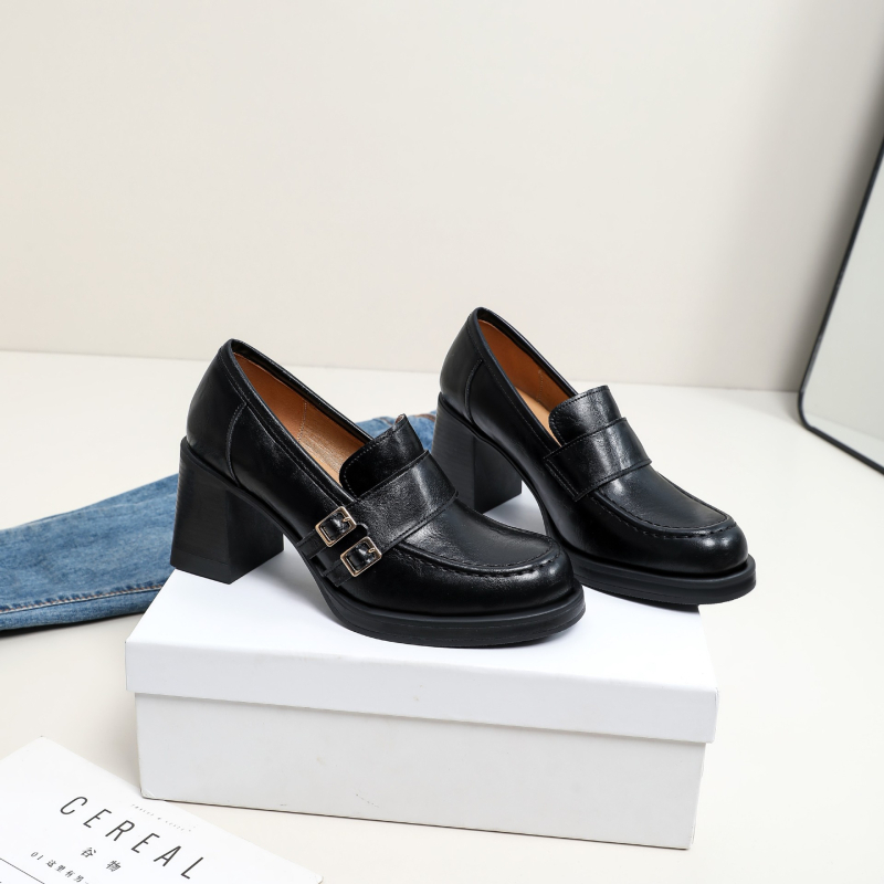 Ženske loaferice od prave kože, britanski stil, slip-on, retro, s 7 cm debelim potpeticama