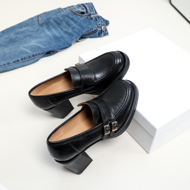 Ženske loaferice od prave kože, britanski stil, slip-on, retro, s 7 cm debelim potpeticama