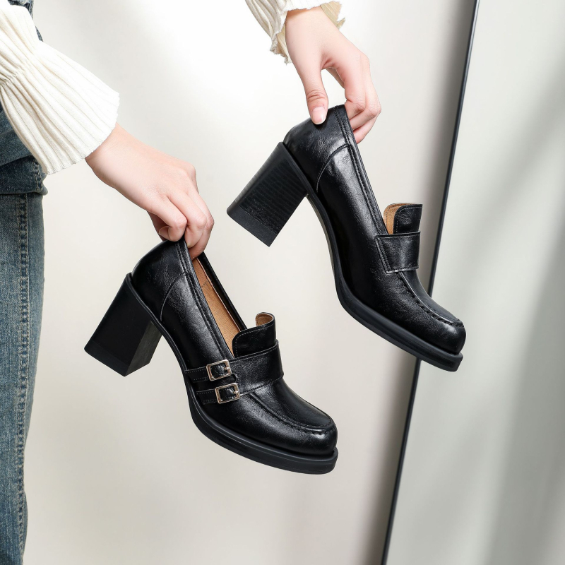 Ženske loaferice od prave kože, britanski stil, slip-on, retro, s 7 cm debelim potpeticama