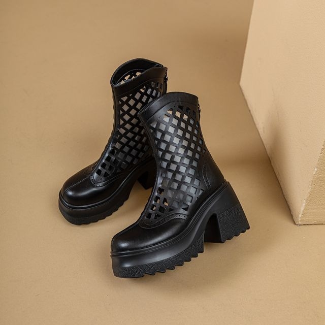 Дамски кожени ботуши до коляното с платформа, перфорирана кожа, висок ток, стил ездачки