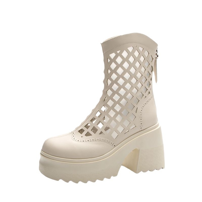 Дамски кожени ботуши до коляното с платформа, перфорирана кожа, висок ток, стил ездачки