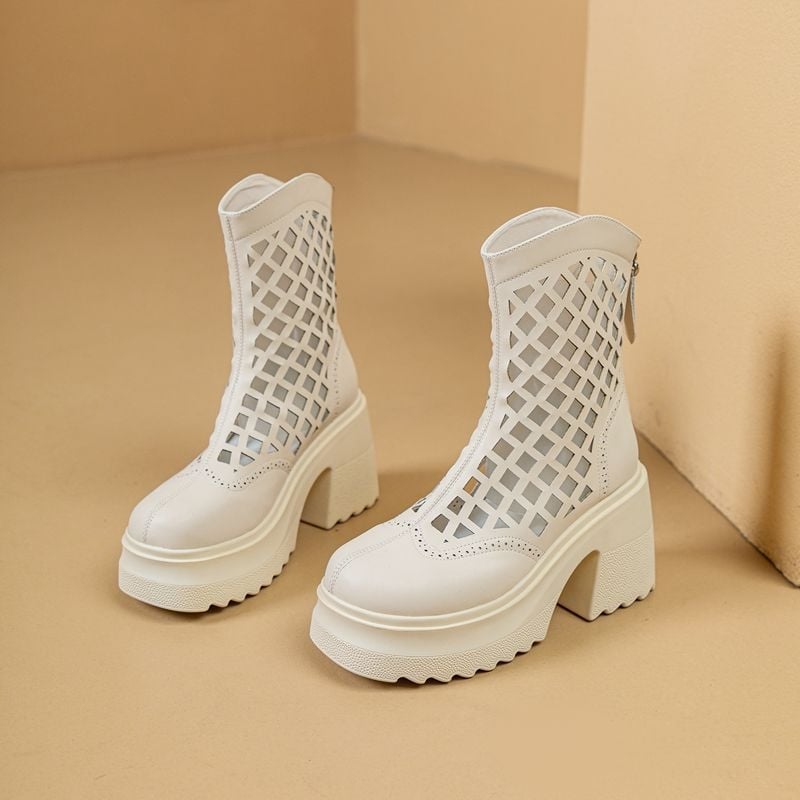 Дамски кожени ботуши до коляното с платформа, перфорирана кожа, висок ток, стил ездачки