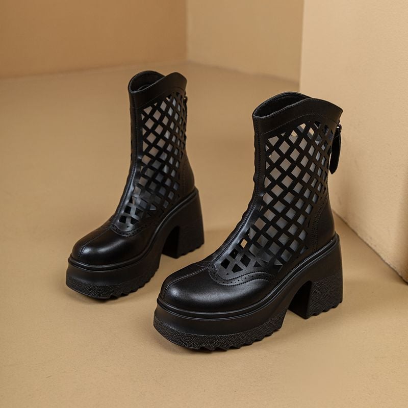 Дамски кожени ботуши до коляното с платформа, перфорирана кожа, висок ток, стил ездачки