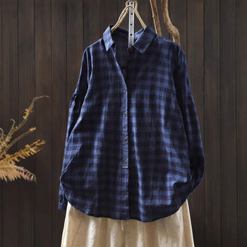 Női kockás ing, pamutkeverékből, retro irodalmi dizájn, laza szabás, 2025 ősz