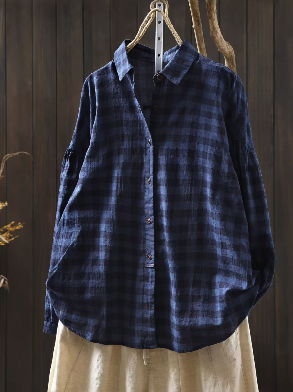 Női kockás ing, pamutkeverékből, retro irodalmi dizájn, laza szabás, 2025 ősz